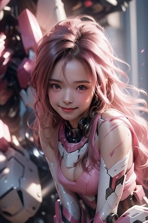 (paparazzi) photo of a smiling girlfriend in her 20s, (sexy jawline), (lopsided smile:1.2), (pink mecha), honey mecha, (blush:0.9), beautiful, masterpiece, remarkable color, ultra realistic, (tan skin:0.9), textured skin, remarkable detailed pupils, realistic dull skin noise, visible skin detail, skin fuzz, dry skin, perfect body, (goosebumps:0.5), (petite:0.9), standing pose, (upper body from knees framing:1.6), soft bounced lighting, (ray tracing:1.2), subsurface scattering, (from {side|above|below}), shot with red cinematic camera, RAW candid cinema, 50mm lens, Fujicolor Pro film,