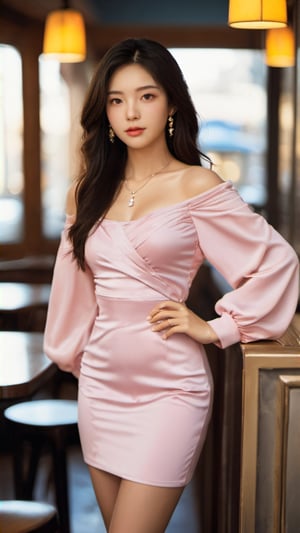 (glamour:1.3) photo of a beautiful smiling (young) woman\(girlfriend\) with messy_hair, sexy_feminine bodyfigure, (having a date on a restaurant:1.3), BREAK wearing elegant_dress in a vibrant color, long_sleeves, exposed_shoulder, mini_skirt, jewelries, BREAK (realistic_skin, photorealistic:1.3), glowy_skin, remarkable color, photo r3al, (upper_body from hips framing:1.3), soft_bounced_lighting, rule_of_thirds, 50mm lens, Fujicolor_Pro_Film,