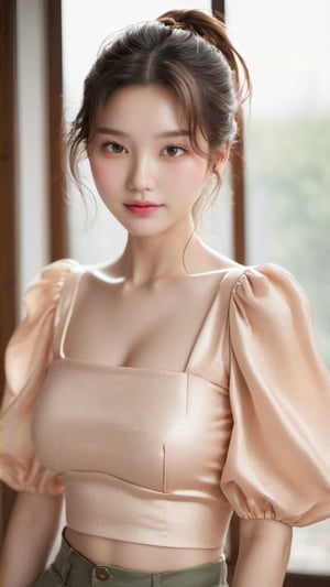 (glamour:1.3) photo of a beautiful (happy) young woman with messy_ponytail and visible collarbone, sexy_feminine bodyfigure, (gravure posing on a living room), BREAK wearing Cropped balloon sleeve blouse with a square neckline and smocked bodice, (blush, blemishes:0.6), (goosebumps:0.5), subsurface scattering, 1girl, expressive_face, detailed skin texture, (photorealistic:1.3), textured skin, realistic dull skin noise, visible skin detail, skin fuzz, remarkable color, photo r3al, aesthetic portrait, (upper_body from hips framing:1.3), rule_of_thirds, Fujicolor_Pro_Film,