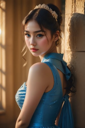 (glamour photography) photo of a gravure model in her 20s wearing blue dress, FilmGirl, (jawline:1.2), (blush:0.9), (goosebumps:0.5), {ponytail|long wavy hair}, textured skin, remarkable detailed pupils, realistic dull skin noise, visible skin detail, skin fuzz, dry skin, perfect body, (voluptuous:1.4), (petite:1.2), beautiful, masterpiece, hi-res, hdr, 8k, remarkable color, ultra realistic, (pretend to be a goddess imposing her beauty:1.4), (upper body from waist framing:1.6), (dfdd balcony:1.2), golden hour lighting, (ray tracing:1.2), subsurface scattering, {from above|from bottom}, shot on Pentax 645Z, RAW photo shot, Fujicolor Pro film