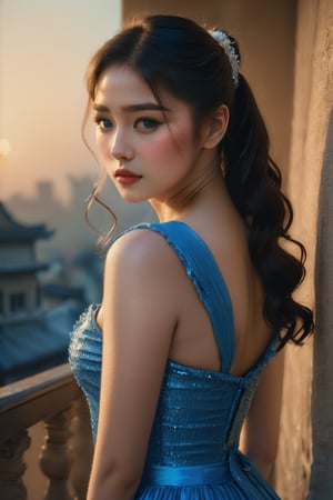 (glamour photography) photo of a gravure model in her 20s wearing blue dress, FilmGirl, (jawline:1.2), (blush:0.9), (goosebumps:0.5), {ponytail|long wavy hair}, textured skin, remarkable detailed pupils, realistic dull skin noise, visible skin detail, skin fuzz, dry skin, perfect body, (voluptuous:1.4), (petite:1.2), beautiful, masterpiece, hi-res, hdr, 8k, remarkable color, ultra realistic, (pretend to be a goddess imposing her beauty:1.4), (upper body from waist framing:1.6), (dfdd balcony:1.2), golden hour lighting, (ray tracing:1.2), subsurface scattering, {from above|from bottom}, shot on Pentax 645Z, RAW photo shot, Fujicolor Pro film