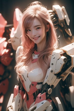 (paparazzi) photo of a smiling girlfriend in her 20s, (sexy jawline), (lopsided smile:1.4), (pink mecha), honey mecha, (blush:0.9), beautiful, masterpiece, remarkable color, ultra realistic, (tan skin:0.9), textured skin, remarkable detailed pupils, realistic dull skin noise, visible skin detail, skin fuzz, dry skin, perfect body, (goosebumps:0.5), (petite:0.9), (fighting pose), (upper body from knees framing:1.6), soft bounced lighting, (ray tracing:1.2), subsurface scattering, {from side|from above|from below}, shot with red cinematic camera, RAW candid cinema, 50mm lens, Fujicolor Pro film,