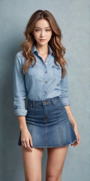 (glamour:1.3) photo of a beautiful happy young woman with messy_hair, sexy_feminine bodyfigure, model posing on a studio, BREAK wearing A chambray collared shirt tucked into a denim flared skirt Keep the look simple with minimal jewelry and ankle boots for an effortless yet stylish outfit, (blush, blemishes:0.6), (goosebumps:0.5), subsurface scattering, expressive_face, detailed skin texture, (photorealistic:1.3), textured skin, realistic dull skin noise, visible skin detail, skin fuzz, remarkable color, photo r3al, aesthetic portrait, (upper_body from hips framing:1.3), rule_of_thirds, Fujicolor_Pro_Film,