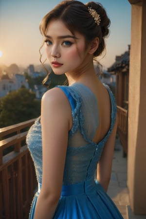 (glamour photography) photo of a gravure model in her 20s wearing blue dress, FilmGirl, (jawline:1.2), (blush:0.9), (goosebumps:0.5), {ponytail|long wavy hair}, textured skin, remarkable detailed pupils, realistic dull skin noise, visible skin detail, skin fuzz, dry skin, perfect body, (voluptuous:1.4), (petite:1.2), beautiful, masterpiece, hi-res, hdr, 8k, remarkable color, ultra realistic, (pretend to be a goddess imposing her beauty:1.4), (upper body from waist framing:1.6), (dfdd balcony:1.2), golden hour lighting, (ray tracing:1.2), subsurface scattering, {from above|from bottom}, shot on Pentax 645Z, RAW photo shot, Fujicolor Pro film