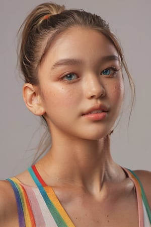 (glamour:1.3) photo of a beautiful (happy) young woman with messy_ponytail, sexy_feminine bodyfigure, model posing on a studio, BREAK wearing Rainbow-themed t-shirt with colorful stripes or arcs, (blush, blemishes:0.6), (goosebumps:0.5), subsurface scattering, sexy_jawline, expressive_face, detailed skin texture, (photorealistic:1.3), textured skin, realistic dull skin noise, visible skin detail, skin fuzz, remarkable color, photo r3al, aesthetic portrait, (upper_body from hips framing:1.2), rule_of_thirds, Fujicolor_Pro_Film,