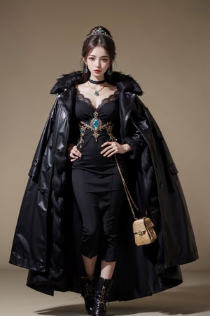 Elegant image of ancient rome princes, Wool Drill Black coat, PENDANT EARRINGS, camellia, ring, choker, necklace, high boots, 