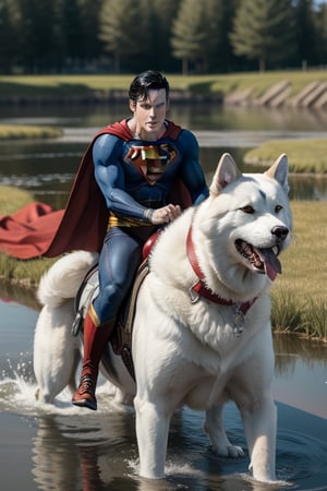 Superman with red cape flowing riding a giant white husky dog with jaw sharp teeth in a pond fill with skulls