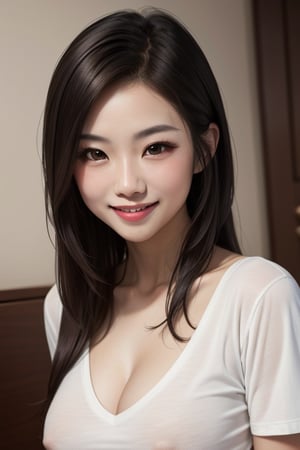 Lau kar ling closeup portrait, dark brown long hair, skinny, smooth big tits, smooth skin, v neck t shirt transparent, tongue out, smiling, in an award winning photography 