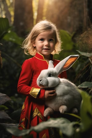 Front facing captain marvel 2 year old girl with a massive rabbit in a deep jungle in an award winning photography 