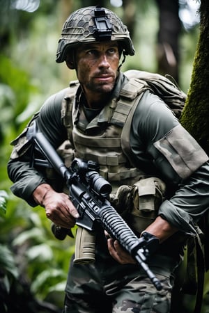 Front facing call of duty muscular soldier advanced military dark grey camouflage clothing in a deep jungle in an award winning photography 