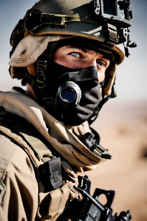 Front facing portrait of call of duty soldier in a war torn desert in an award winning photography 