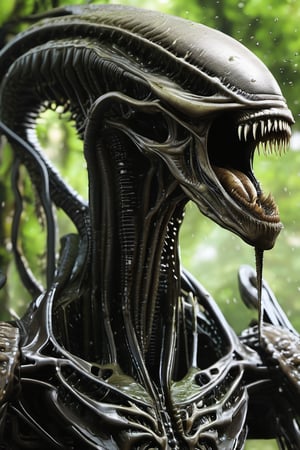 3D style,(masterpiece, best_quality, ultra-detailed:1.3), epic, illustration, welcoming,3d render, intricate advanced hybrid alien xenomorph, h.r.giger, huge open jaw, sharp long teeth, dripping saliva, wet soaked with mud, solo, apocalyptic environment, jungle