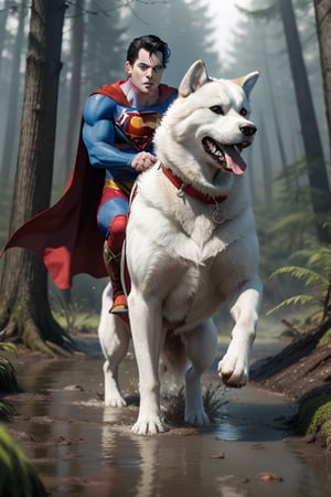 Superman with red cape flowing riding a giant white husky dog with jaw sharp teeth in a forest mud swamp