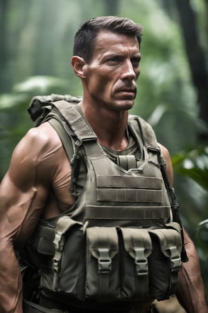 Front facing call of duty muscular soldier advanced military dark grey advanced vest clothing in a deep jungle in an award winning photography 