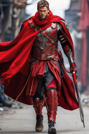 cyborg style, cyborg, android, Chris Hemsworth, walking, weapon, muscular, cables, dirty red byzantine armor, long red cape