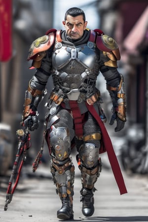 cyborg style, cyborg, android, Mr.Bean, walking, weapon, muscular, cables, dirty byzantine armor