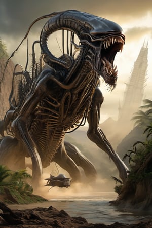 3D style,(masterpiece, best_quality, ultra-detailed:1.3), epic, illustration, welcoming,3d render, intricate advanced hybrid alien xenomorph, h.r.giger, huge open jaw, sharp long teeth, cables extended from spine, dripping saliva, wet soaked with mud, solo, apocalyptic environment, aircraf hangar, red tint, smoke,  