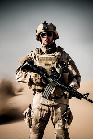 Front facing call of duty soldier advanced military clothing in a war torn desert in an award winning photography 