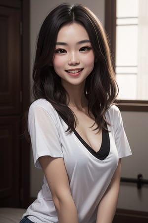 Lau kar ling portrait, dark brown long hair, skinny, big eyes, smooth big tits, smooth skin, v neck t shirt transparent, tongue out, smiling, in an award winning photography 