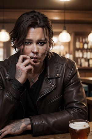 Johnny Depp closeup portrait in dark brown leather jacket holding a cigarette in a high class pub in an award winning photography 