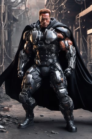 cyborg style, cyborg, android, Arnold Schwarzenegger, crouching, weapon, muscular, cables, dirty rusted intricate cybernetic armor, long black cape