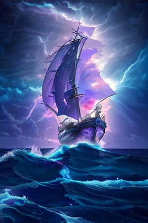 Ocean waves lightning coloured glowin pink and purple more coloured lightning galleon in a storm thunder ,ocean tsunami,earth \(planet\),no_humans