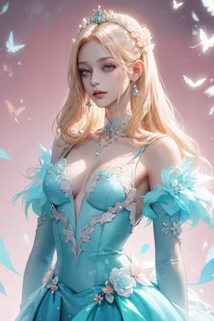 (asterpiece:1.2, best quality), (Soft light), (shiny skin), 1girl,  kingdom, blonde hair,  faceless,  collarbone, victorian, tosca eyes, long_blonde_hair_girl , formal dress, pink background, pink dress, tosca earings, aquamarine necklace, long curly hair, princess dress 