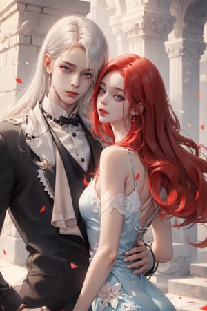 (asterpiece:1.2, best quality), (Soft light), (shiny skin), couple, romantic, kingdom, silver hair, red hair,red_hair_woman, silver_hair_boy, eyelashes, collarbone, victorian, blue eyes, silver short hair boy, long_curly_red_hair_woman, red hair girl, short_silver_hair_boy, silver_hair_boy, couple, happy face, hugging, formal dress, romantic, long red hair girl, long hair woman, date, on the park