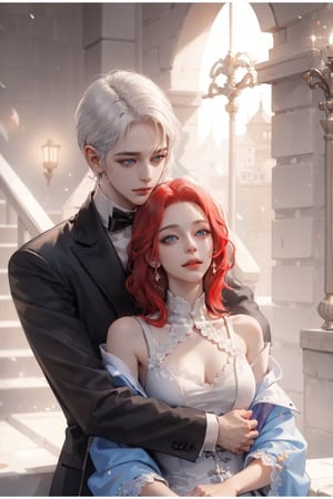 (asterpiece:1.2, best quality), (Soft light), (shiny skin), couple, romantic, kingdom, silver hair, red hair, red_hair_woman, silver_hair_boy, eyelashes, collarbone, victorian, blue eyes, silver short hair boy,long_curly_red_hair_woman, red hair girl, short_silver_hair_boy, silver_hair_boy, couple, happy face, hugging, formal dress, romantic