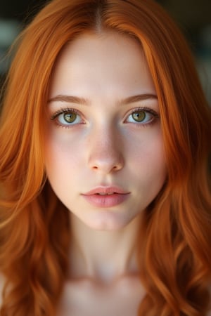 fox eyes,detailed skin, ginger hair, wavy hair, loooking at the viewer, earth green eyes, soft complexion, fair skin, 