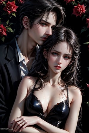 (asterpiece:1.2, best quality), (Soft light), (shiny skin), two people, couple, kingdom, long brown hair woman, brown hair woman, short black hair man, eyelashes, sad face, cleavage, collarbone, blue eyes man, green eyes woman, long hair woman, short black hair man, black_hair_boy, 18th century clothes, wet ,rose petal, red roses, fair skin, look at the viewers, intense, couple_couple, roses, long_hair_woman, roses background,