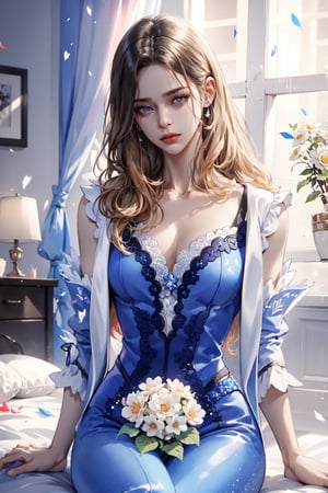 (asterpiece:1.2, best quality), (Soft light), (shiny skin), 2people, pair, 2person, couple_(romantic), man_short_black_hair, blonde_hair_man, hateful look, 1man, 1girl, eye_lashes, collarbone, victorian, blue eyes, blonde_long_ hair_girl, black_short_hair_man, sitting, bedroom, ballgown, flowers petals,weiboZH