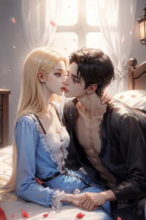 (asterpiece:1.2, best quality), (Soft light), (shiny skin), duo, kissing, 2person, couple_(romantic), man_short_black_hair, black_hair_boy, Black_hair, hateful look, 1man, 1girl, eye_lashes, collarbone, victorian, blue eyes, blonde_long_ hair_girl, black_short_hair_man, royalty background, sexual, flowers petals, french_kiss, sitting on the bed, kissing