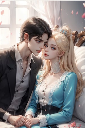 (asterpiece:1.2, best quality), (Soft light), (shiny skin), duo, kissing, 2person, couple_(romantic), man_short_black_hair, black_hair_boy, Black_hair, hateful look, 1man, 1girl, eye_lashes, collarbone, victorian, blue eyes, blonde_long_ hair_girl, black_short_hair_man, royalty background, sexual, flowers petals, french_kiss, sitting on the bed, kissing