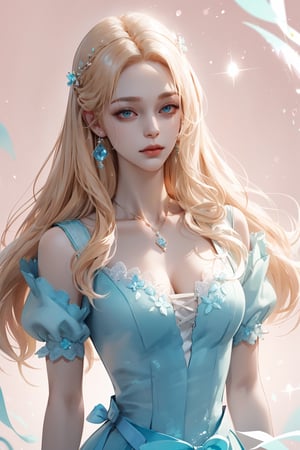 (asterpiece:1.2, best quality), (Soft light), (shiny skin), 1girl,  kingdom, blonde hair,  faceless, cleavage, collarbone, victorian, tosca eyes, long_blonde_hair_girl , formal dress, pink background, beige dress, tosca earings, aquamarine necklace, long curly hair 