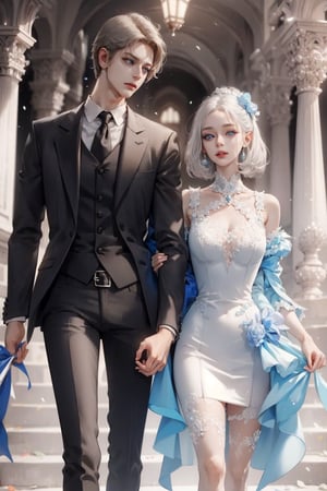 (asterpiece:1.2, best quality), (Soft light), (shiny skin), couple, romantic, kingdom, red_hair_woman, silver_hair_boy, eyelashes, collarbone, victorian, blue eyes, long_curly_red_hair_woman, short_silver_hair_boy, silver_hair_boy, couple, happy face, walking together, formal dress, yellow dress, romantic