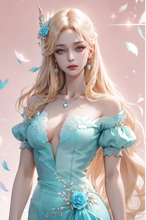 (asterpiece:1.2, best quality), (Soft light), (shiny skin), 1girl,  kingdom, blonde hair,  faceless,  collarbone, victorian, tosca eyes, long_blonde_hair_girl , formal dress, pink background, beige dress, tosca earings, aquamarine necklace, long curly hair 