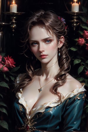 (asterpiece:1.2, best quality), (Soft light), (shiny skin), kingdom, long brown hair woman, brown hair woman, eyelashes, sad face, collarbone, blue eyes woman, long hair woman, 18th century clothes ,rose petal, red roses, fair skin, look at the viewers, intense, roses, long_hair_woman, roses background, formal dresses, fair skin, necklaces