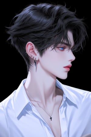 medium long hair, handsome man, blue eyes, black hair, white shirt, black background, sharp eyes, side profile, pointy nose, accessories, earings, necklace, messy look, misterious look