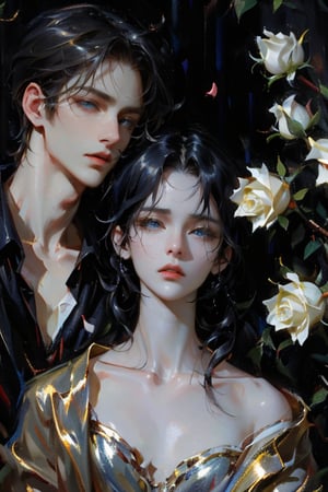 (asterpiece:1.2, best quality), (Soft light), (shiny skin), two people, couple, romantic, kingdom, long black hair woman, short black hair man, eyelashes, sad face, cleavage, collarbone, victorian, blue eyes man, green eyes woman, long hair woman, short black hair man, black_hair_boy, 18th century clothes, black background,rose petal, red roses, fair skin, romantic