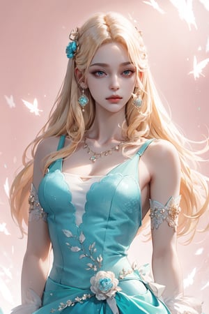 (asterpiece:1.2, best quality), (Soft light), (shiny skin), 1girl,  kingdom, blonde hair,  faceless,  collarbone, victorian, tosca eyes, long_blonde_hair_girl , formal dress, pink background, beige dress, tosca earings, aquamarine necklace, long curly hair 