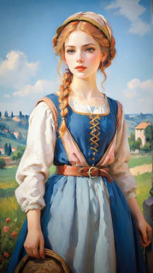 A shepherdess, in the style of the Renaissance, exuding elegance amidst pastoral beauty. (masterpiece, top quality, best quality, official art, beautiful and aesthetic:1.2), (1girl:1.4), blue eyes, pinkish hair, braided hair, portrait, extreme detailed, highest detailed, simple background, 16k, high resolution, perfect dynamic composition, (sharp focus:1.2), super wide angle, high angle, high color contrast, medium shot, depth of field, blurry background,impressionist painting