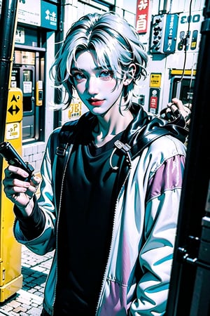 a boy, weiboZH, semi realism, black hair, eyelashes, looking at the camera, full body, fierce look, 8K, HD, using earphones, at the subway train, windy hairs, hair detailed, smirk, normal finger, complete finger effect,Detailedface,weiboZH