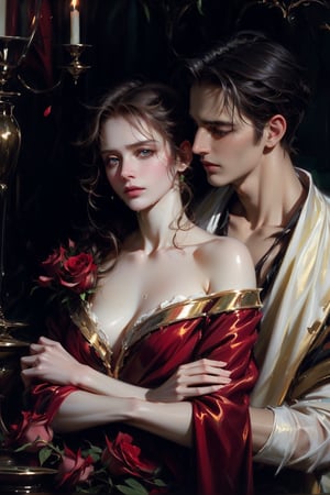 (asterpiece:1.2, best quality), (Soft light), (shiny skin), two people, couple, kingdom, long brown hair woman, brown hair woman, short black hair man, eyelashes, sad face, cleavage, collarbone, blue eyes man, green eyes woman, long hair woman, short black hair man, black_hair_boy, 18th century clothes, wet ,rose petal, red roses, fair skin, look at the viewers, intense, couple_couple, roses, long_hair_woman, roses background,