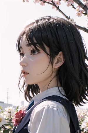 a girl, asian looking, semi realism, soft features, black hair,black gem hair, eye_lashes, soft face, rose cheecks, school uniform, looking at the camera, side profile, big eyes, sakura blossom effect