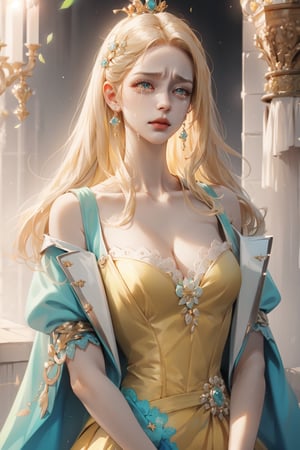 (asterpiece:1.2, best quality), (Soft light), (shiny skin), 1woman, eyelashes, cleavage, collarbone, victorian, tosca eyes, blonde_long_ hair, royalty background, crying, side look, yellow dress, formal dress