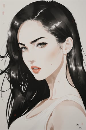 Portrait of Megan Fox, Chinese ink wash painting, minimalistic painting, white background, contemporary abstract art, wyy_style, 吴冠中