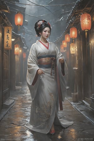 Ultra-detailed Geisha in a dark and wet alley, high-quality cell-shaded illustration, dynamic pose, perfect anatomy, centered, freedom, soul, approach to perfection, cell shading, 4k, cinematic dramatic atmosphere, watercolor painting, global illumination, detailed and intricate environment, art station, concept art, fluid and sharp focus, volumetric lighting, cinematic lighting, greg rutkowski,greg rutkowski