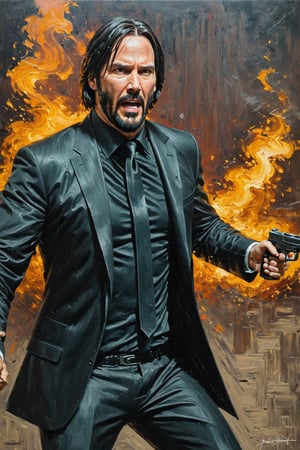 John Wick in a gunfight, textured oil painting, detailmaster2, greg rutkowski, art by sargent