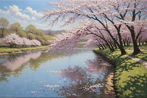 Cherry blossom trees by the river, highly detailed textured oil painting, contemporary art, greg rutkowski,art by sargent